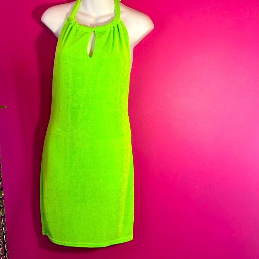 Super sexy neon green stretch backless halter dress